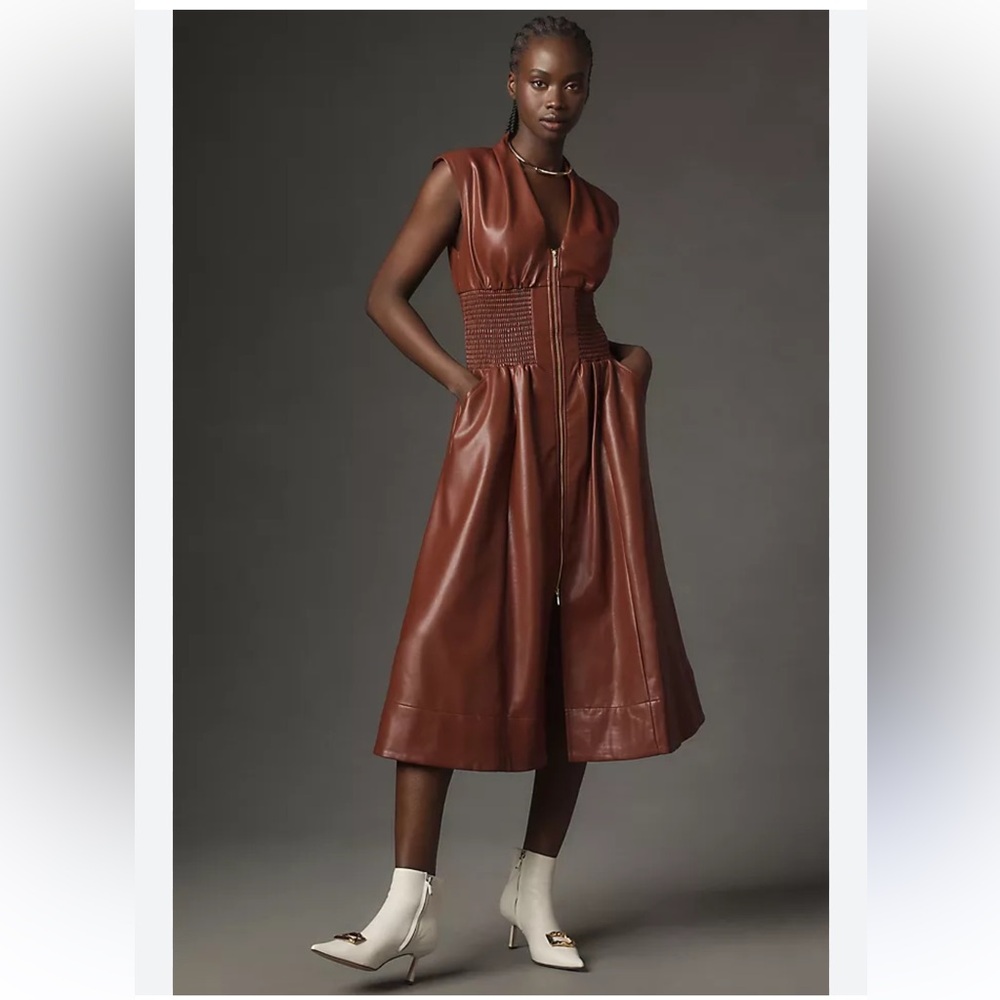 NWT The Tommie Cap-Sleeve Smocked Front-Zip Shirt Dress: Faux Leather Edition